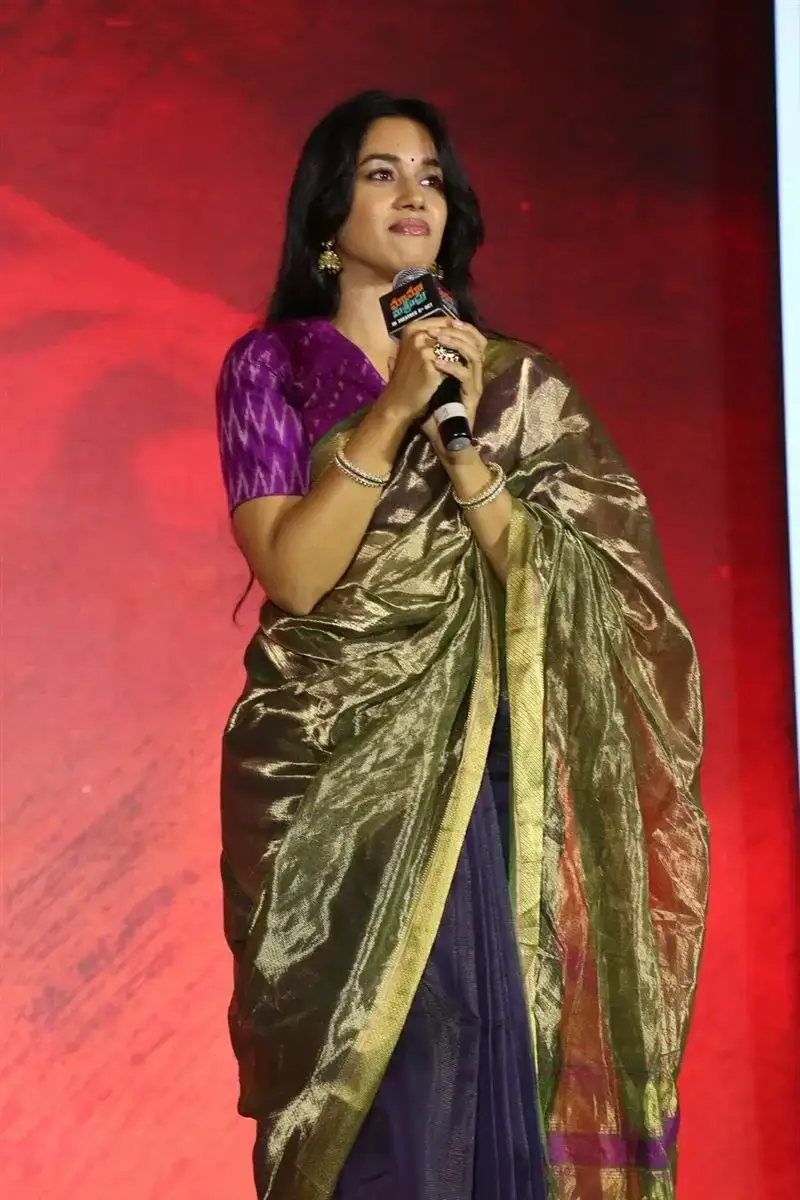 MIRNALINI RAVI IN BLUE SAREE AT MAMA MASCHEENDRA PRE RELEASE EVENT 11